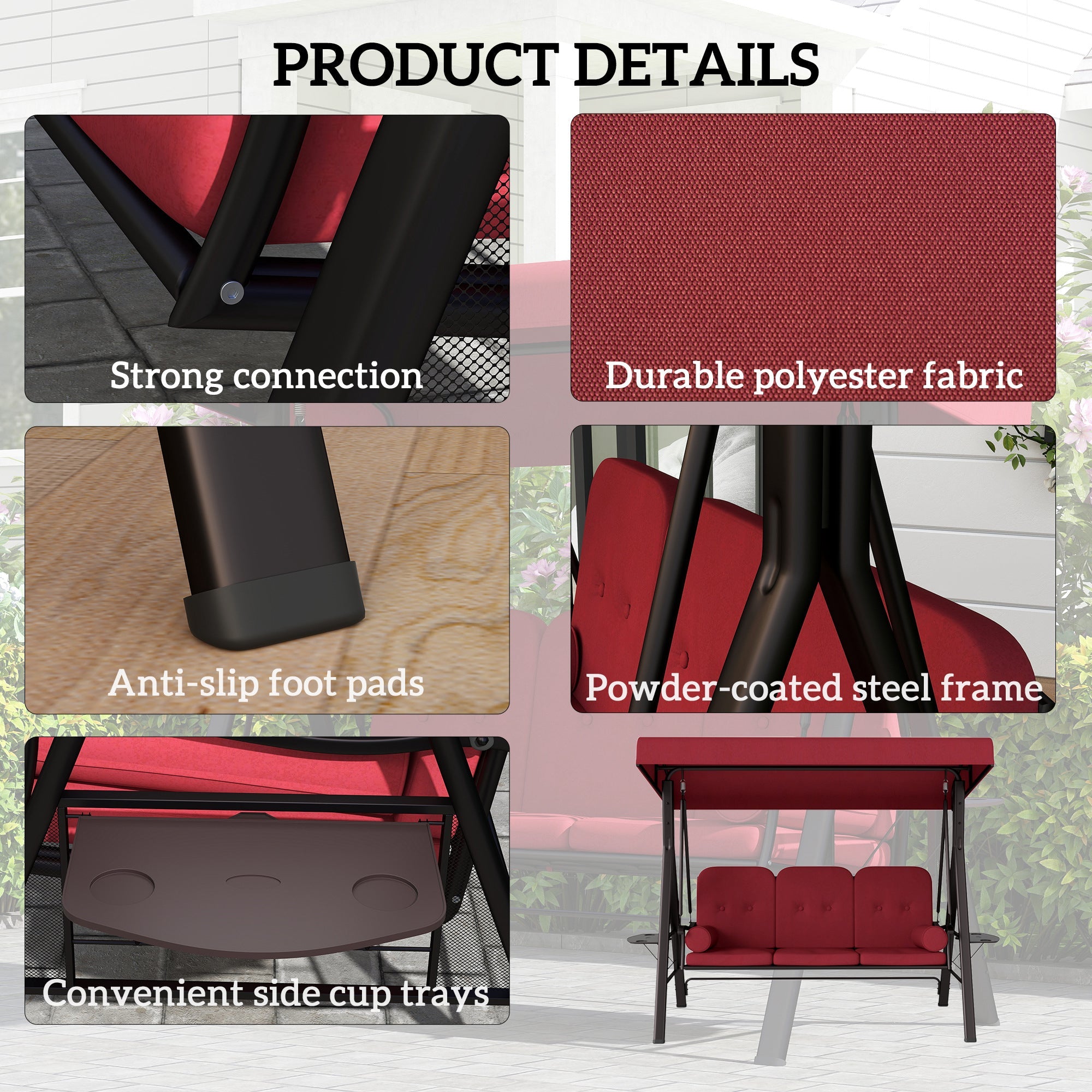 Outsunny Outdoor Patio 3-Person Steel Canopy Cushioned Seat Bench Swing with Included Side Trays & Padded Comfort, Wine Red 