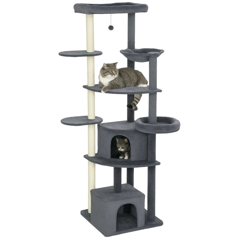 79" Extra Tall Cat Tree with Scratching Posts, Perches, Caves, Hammock, Pompoms, for 2-3 Indoor Cats, Dark Grey