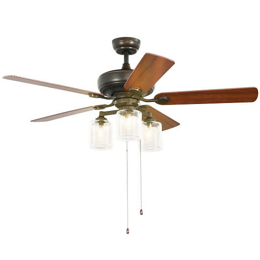 52 Inch Ceiling Fan Light with Pull Chain and 5 Bronze Finished Reversible Blades - Free Shipping