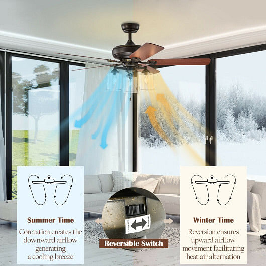 52 Inch Ceiling Fan Light with Pull Chain and 5 Bronze Finished Reversible Blades - Free Shipping