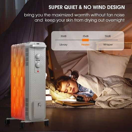 1500 W Oil-Filled Heater Portable Radiator Space Heater with Adjustable Thermostat-White - Free Shipping