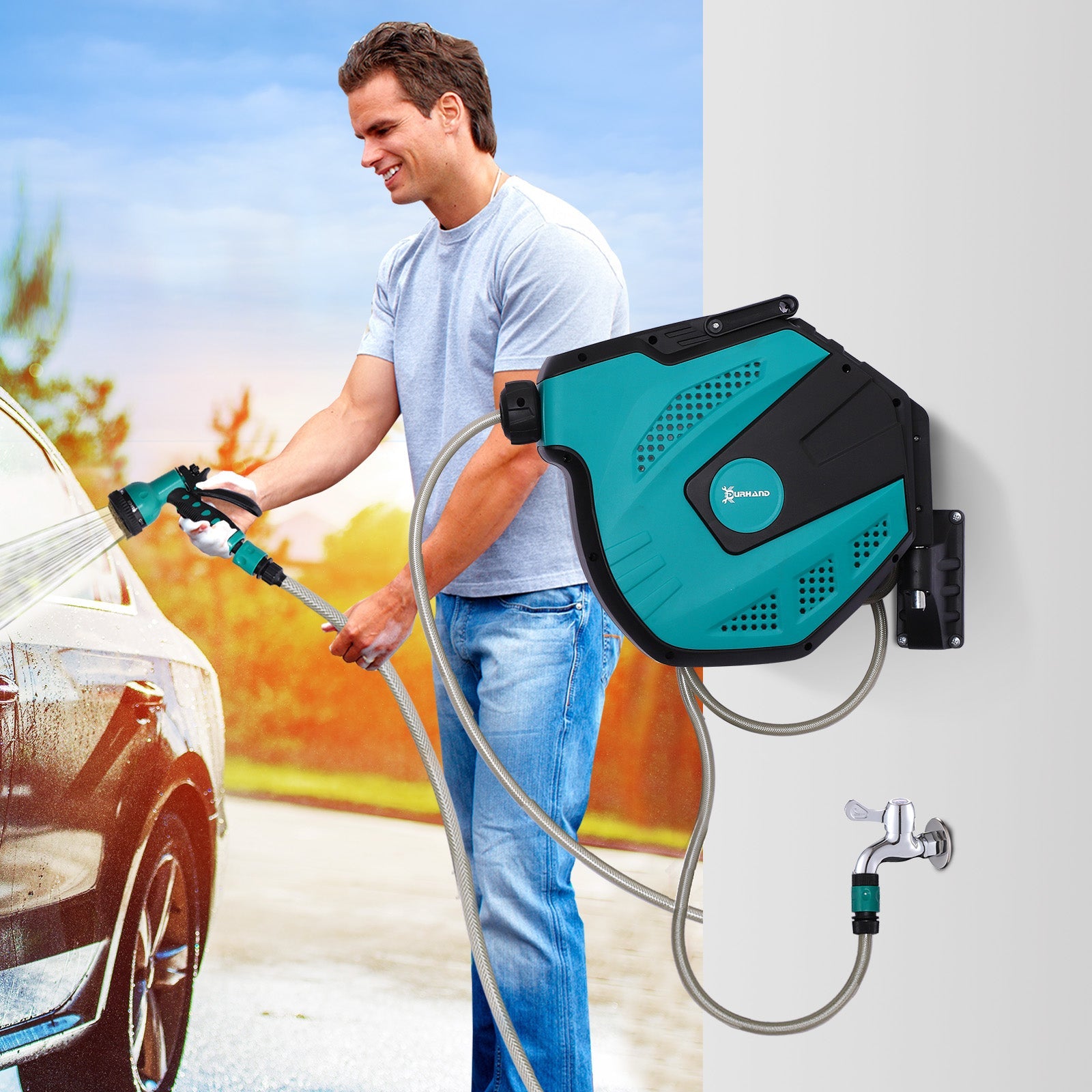 Outsunny Retractable Garden Hose Reel 5/8 inch x 49 ft Wall Mounted with Automatic Rewind, 180° Swivel Bracket, Any Length Lock 