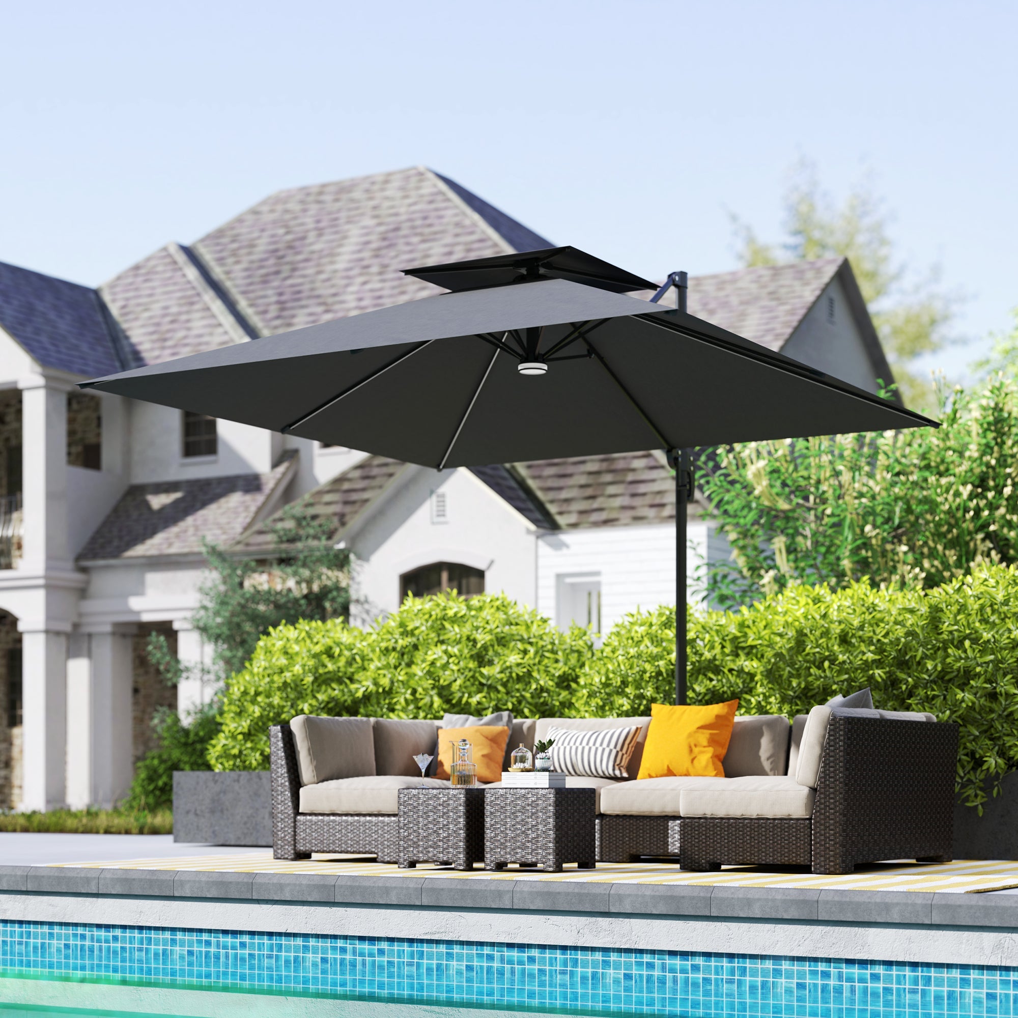 Outsunny 8' Cantilever Patio Umbrella with LED Lights, 360°Rotation, Tilt & Height Adjustment, Crank, Cross Base, Dark Grey 
