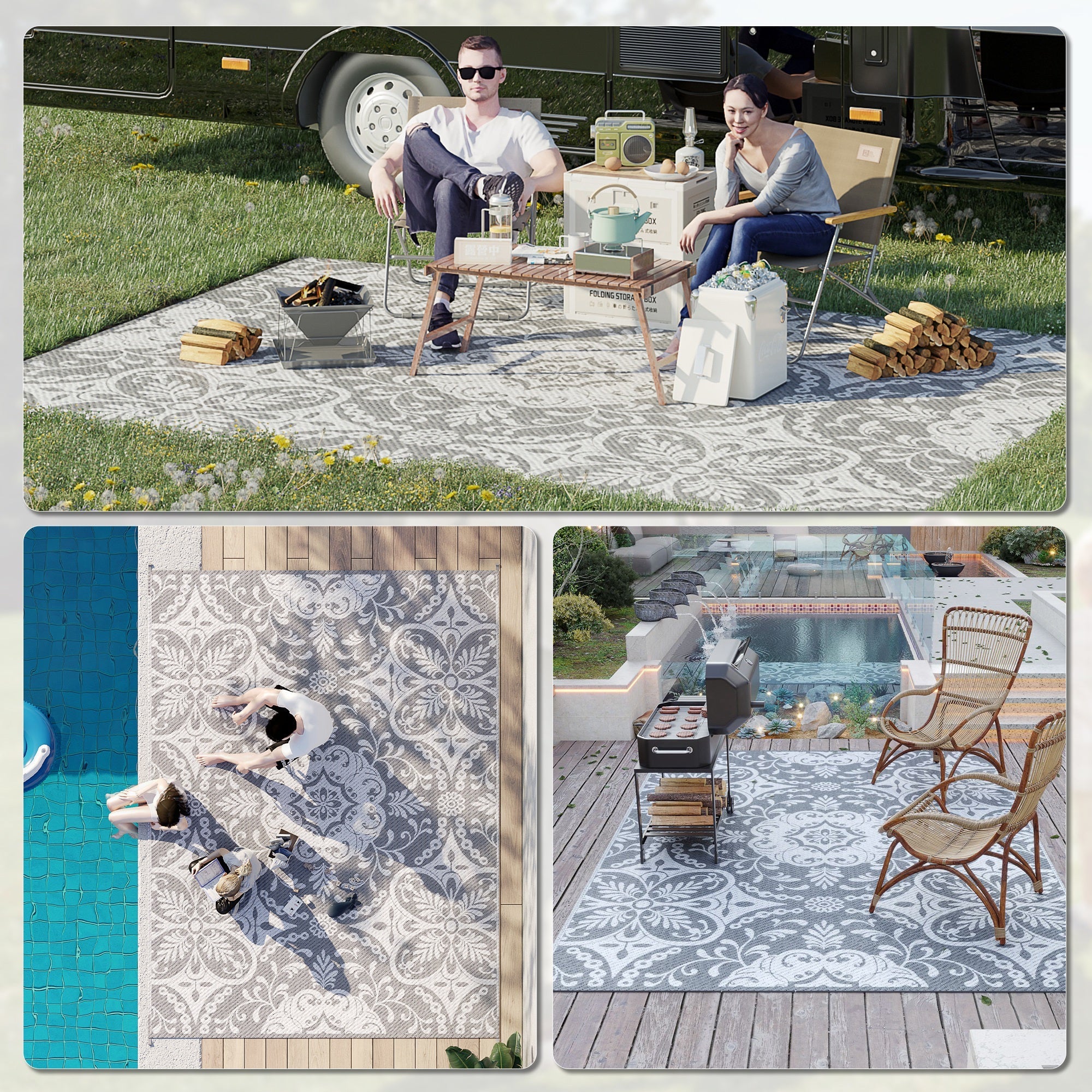 Outsunny 9' x 12' Portable Outdoor Rug Reversible Waterproof Mat with Carry Bag for RV Backyard Deck Grey 