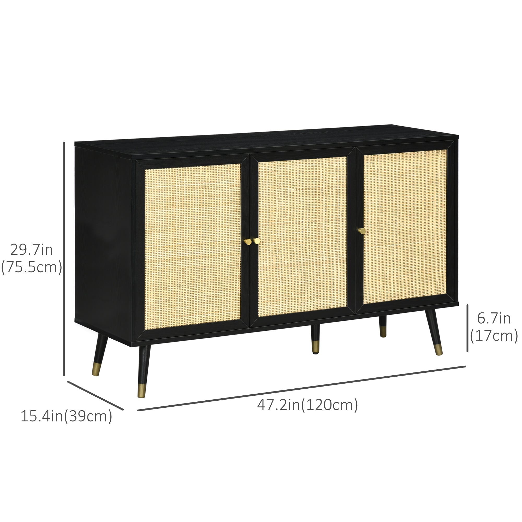 HOMCOM Black & Natural Rattan Sideboard: Kitchen Buffet Cabinet with Storage Shelves & Wood Legs for Living Areas 