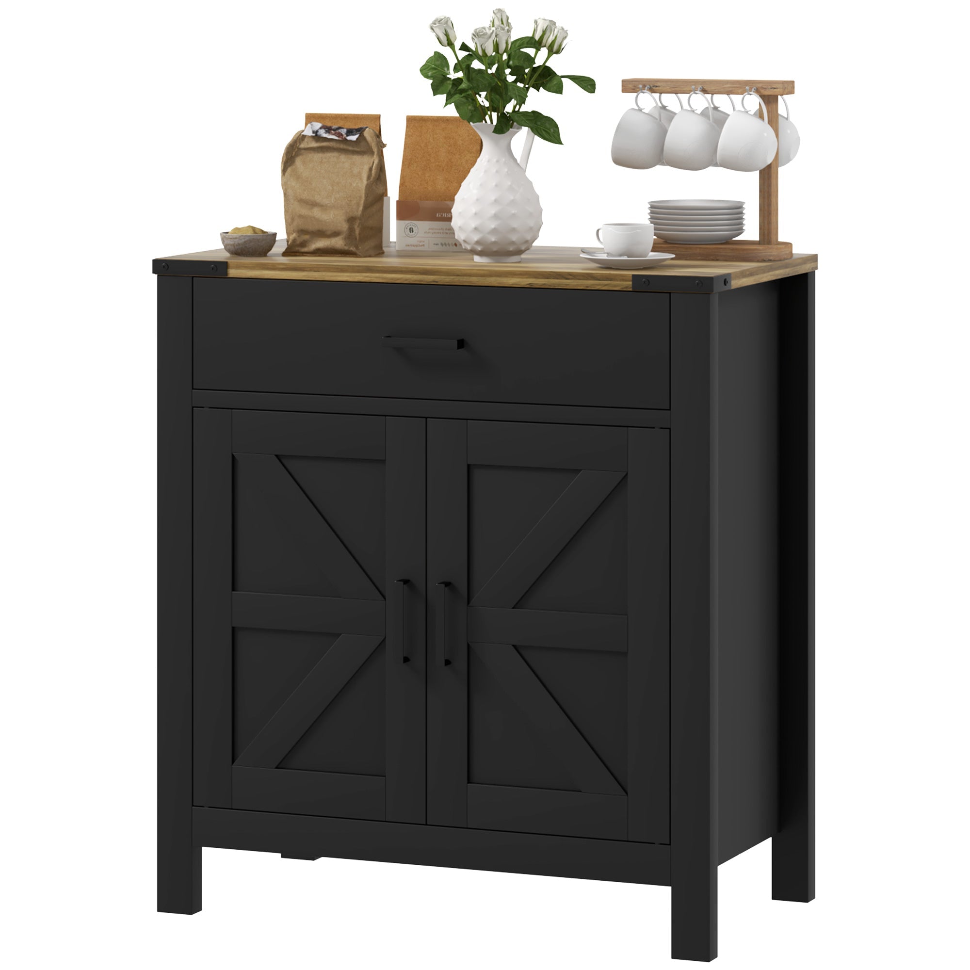 HOMCOM Farmhouse Buffet Cabinet Sideboard with 1 Drawer, 1 Storage Cabinet and Adjustable Shelf, Black 