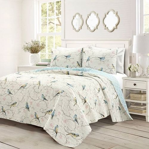 King Size Reversible Polyester Lightweight Floral Birds 3 Piece Quilt Set - Free Shipping