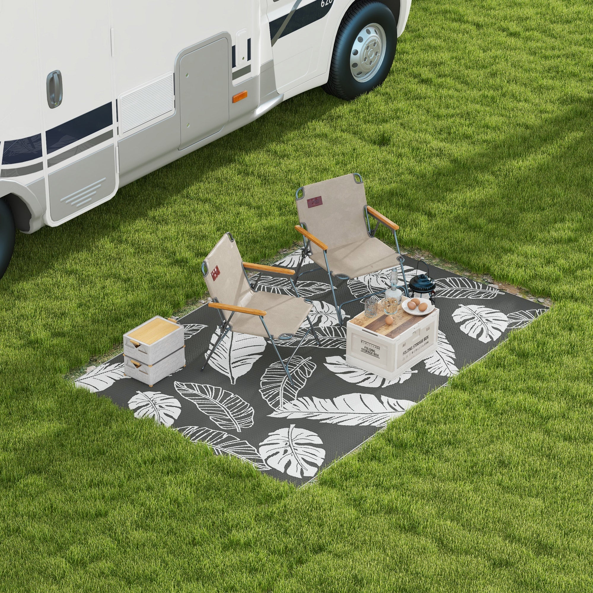 Outsunny Reversible Outdoor RV Rug, Patio Floor Mat, 6' x 9' Plastic Rug for Backyard, Deck, Beach, Camping, Grey and White 