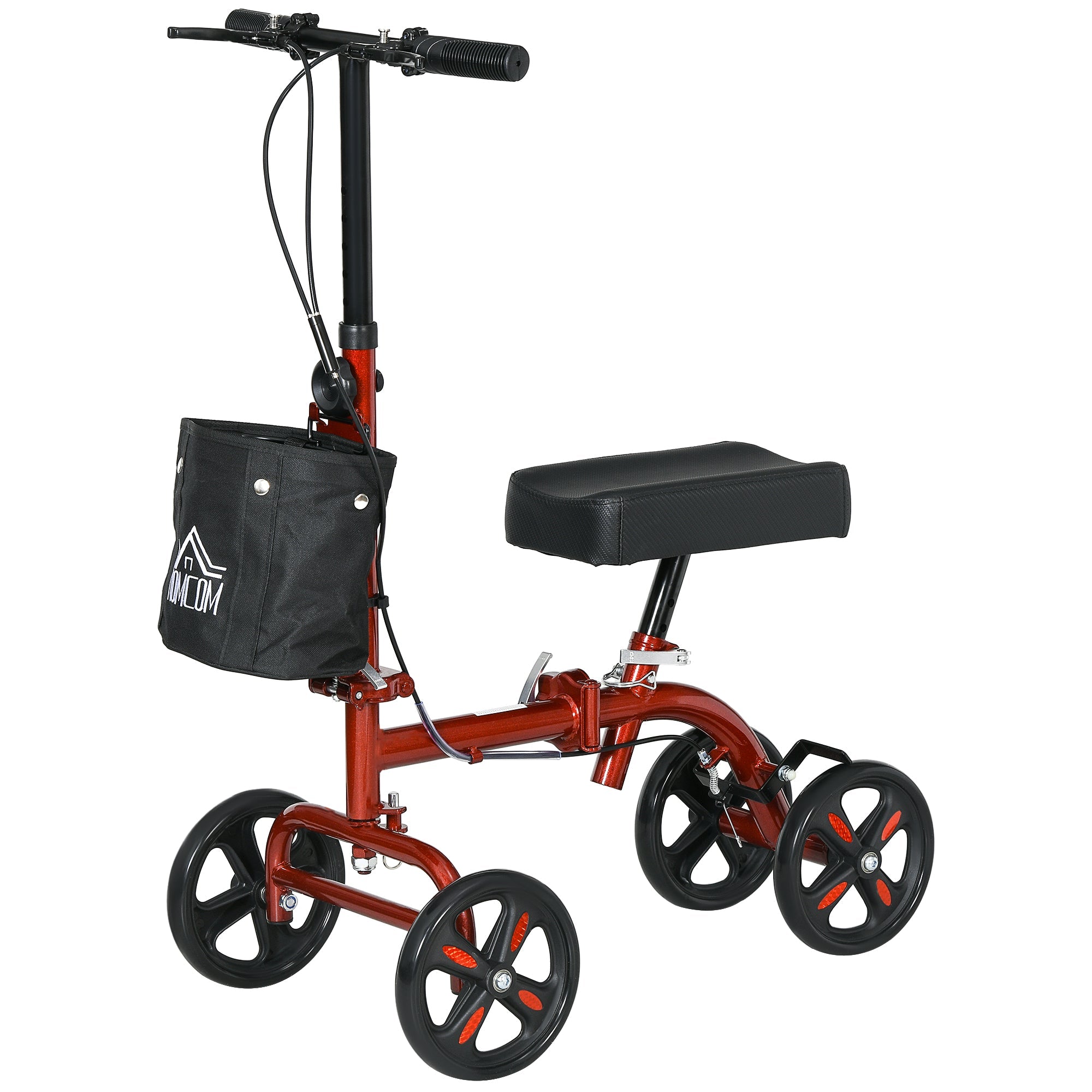 HOMCOM Foldable Knee Scooter Steerable Walker Dual Brakes Adjustable Height Crutch Alternative Mobility Aid Red 