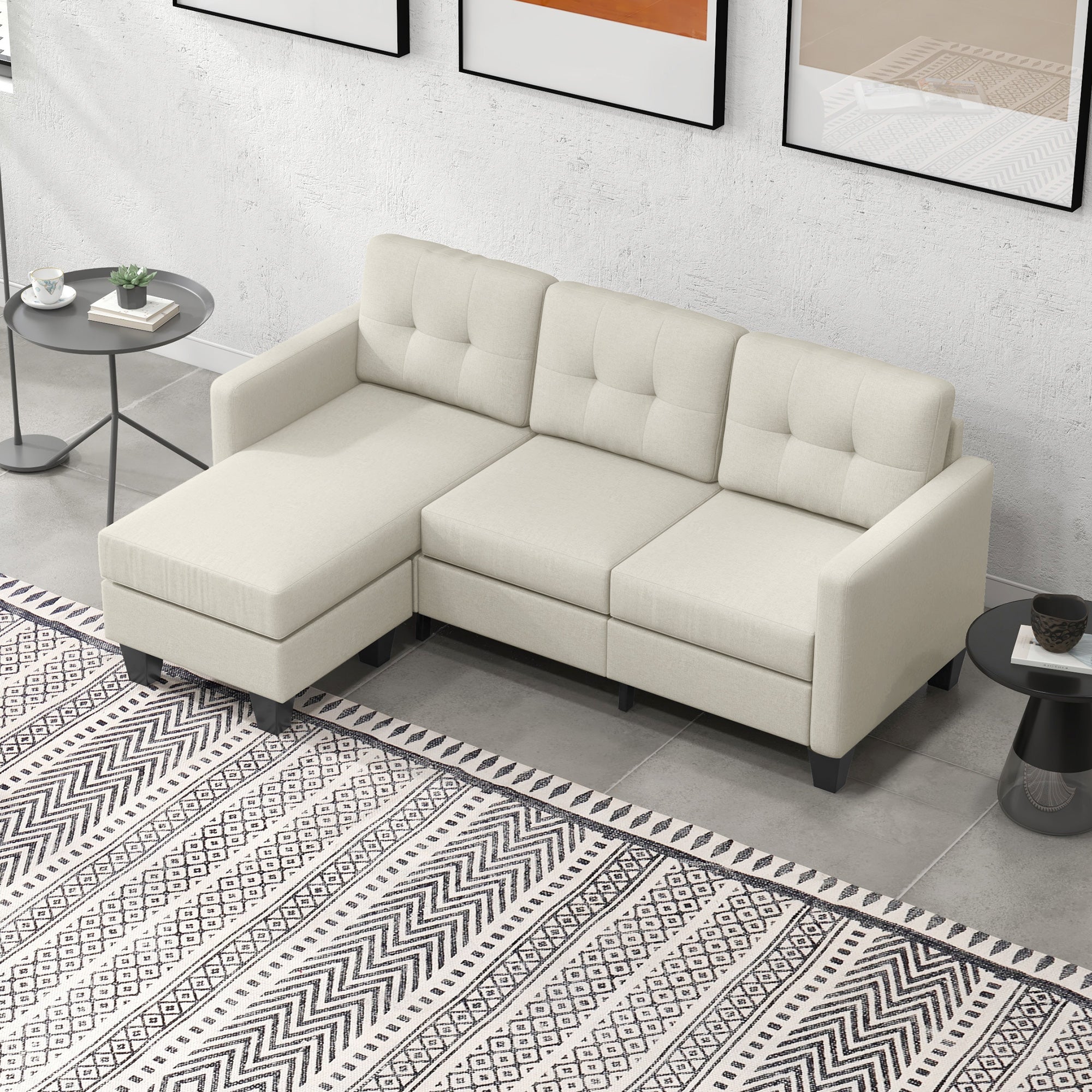 HOMCOM L-shaped Sofa, 3 Seater Sectional Couch with Ottoman, Corner Sofa with Thick Padded Cushion and Wood Legs, Beige 