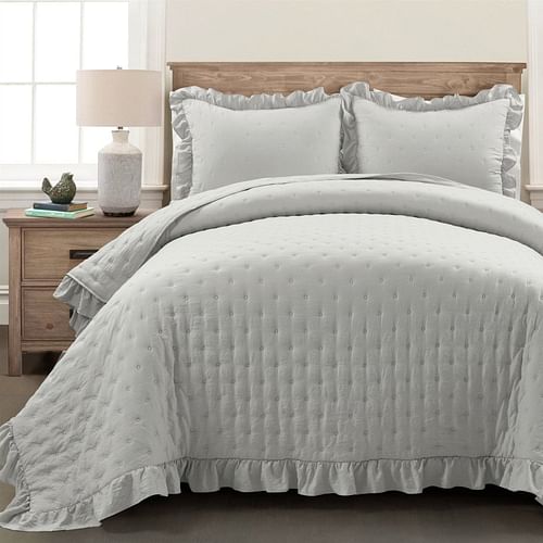 Full/Queen Lightweight Grey Ruffle Reversible Oversized 3 Piece Quilt Set - Free Shipping