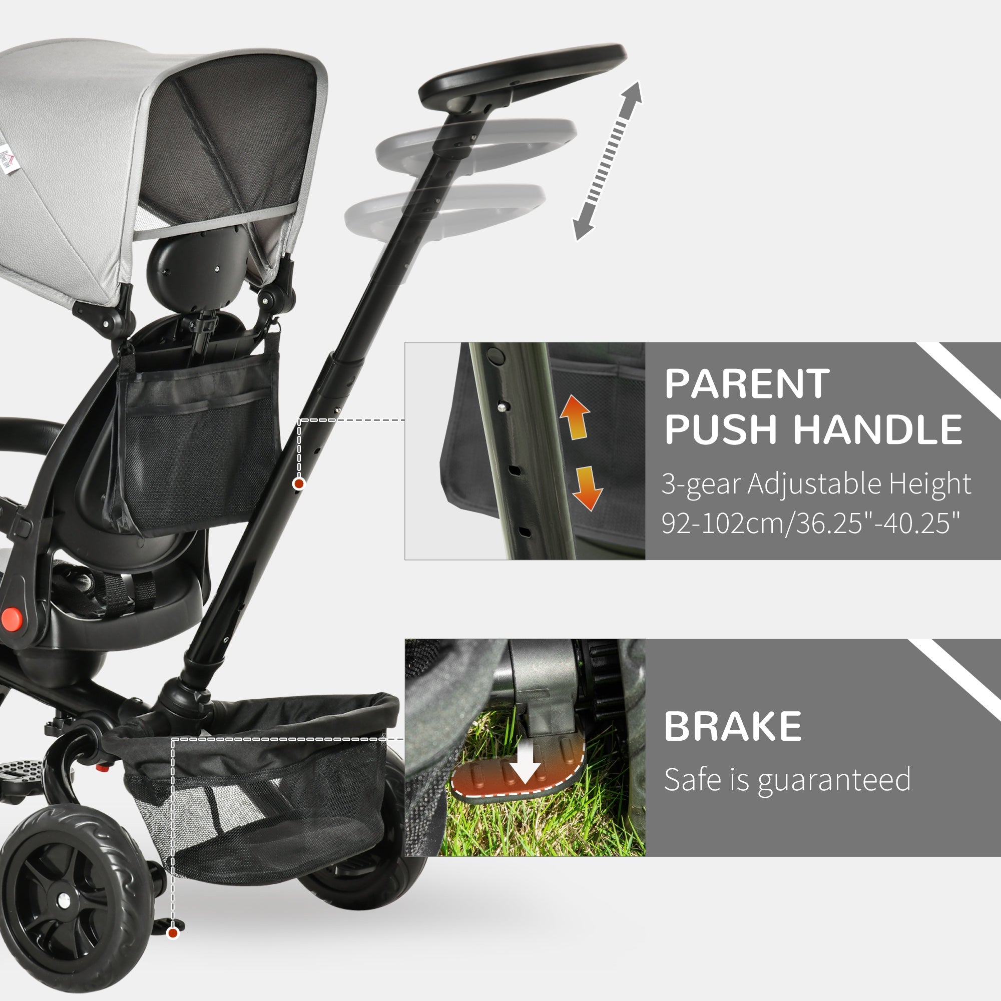 Qaba Baby Tricycle 4 In 1 Trike with Reversible Angle Adjustable Seat Removable Handle Canopy Handrail Belt Storage, Grey 