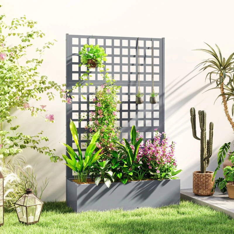 Galvanized Raised Garden Bed Planter Box with Trellis for Climbing Plant Vegetable Vine, 43"x16"x70", Grey Wood Effect