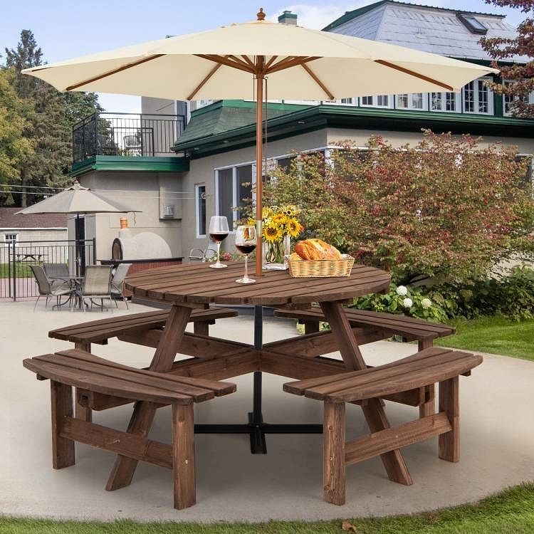 Espresso Wooden 8 Seater Picnic Table Umbrella Hole - Free Shipping 