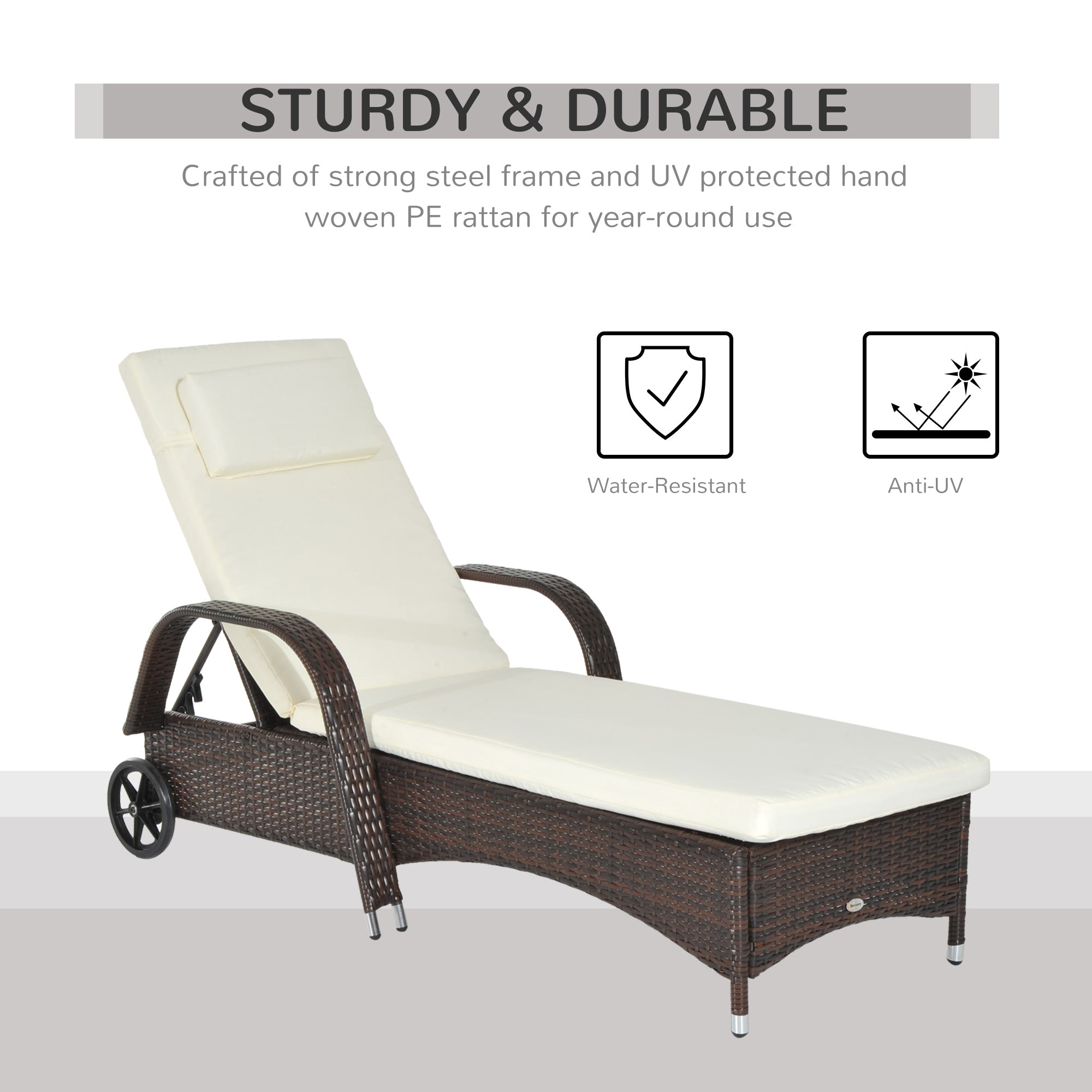 Outsunny Adjustable Wicker Sun Lounger Outdoor Recliner Chair Garden Chaise Lounge with Cushion, Brown 