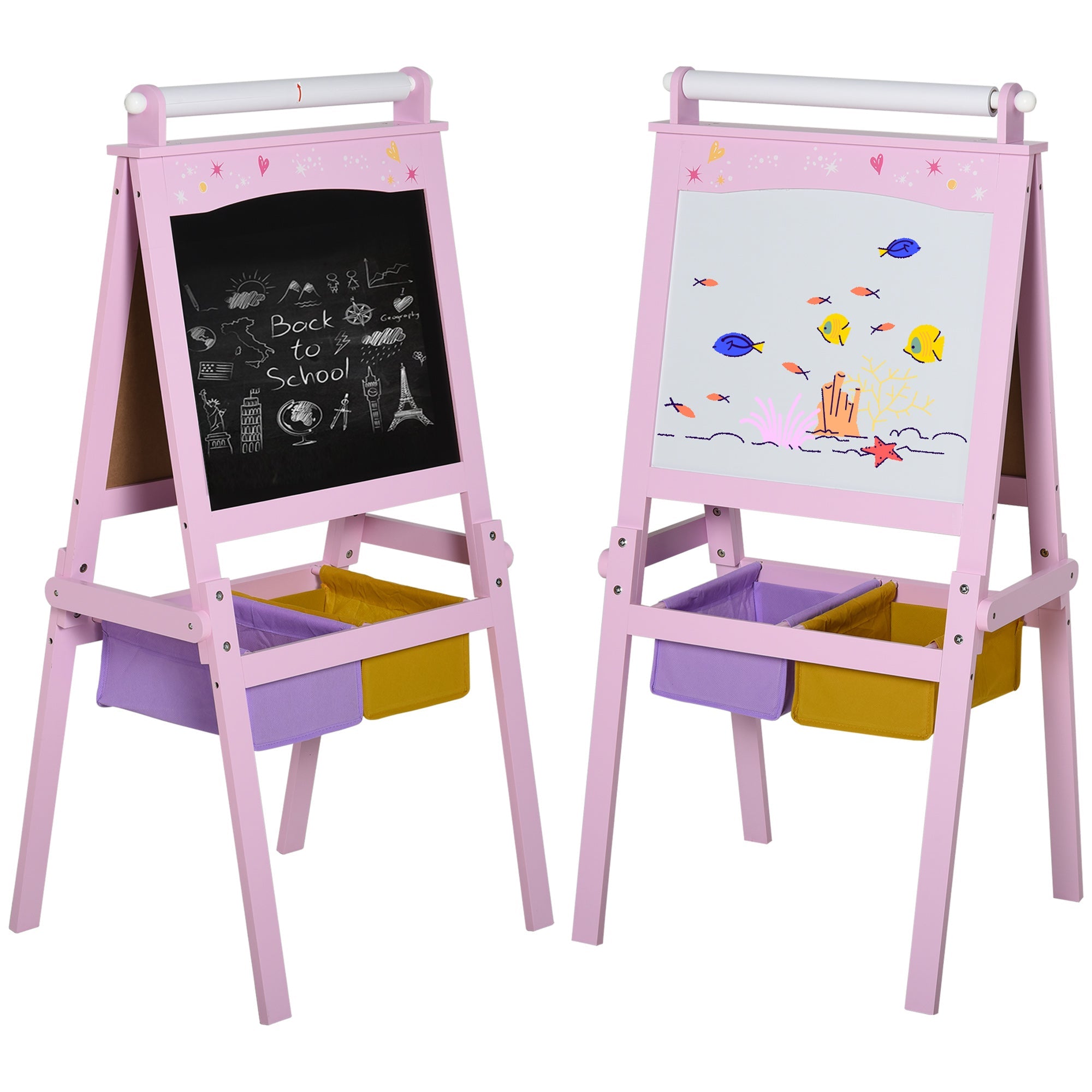 Qaba 3 In 1 Kids Wooden Art Easel w/ Paper Roll Double-Sided Chalkboard Whiteboard with Storage Baskets Gift for Toddler Age 3+ Pink 