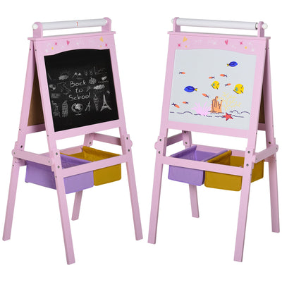Qaba 3 In 1 Kids Wooden Art Easel w/ Paper Roll Double-Sided Chalkboard Whiteboard with Storage Baskets Gift for Toddler Age 3+ Pink 