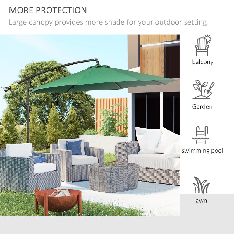 9.7ft Offset Patio UmbrellaCantilever Parasol with Crank Handle, 8 Ribs and Cross Base for Outdoor, Sun Shade, Green