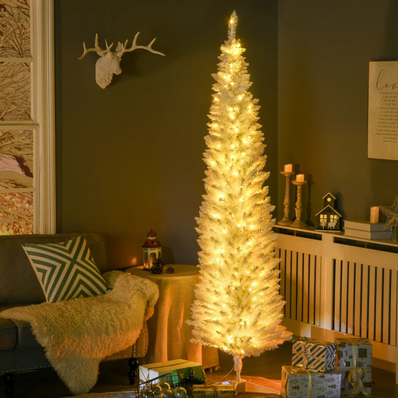 HOMCOM 7ft Pencil Christmas Tree, Slim Artificial Christmas Tree with Realistic Branches and Warm White LED Lights, White
