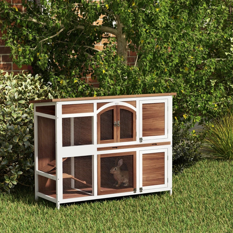 Two-Tier Wooden Rabbit Hutch with Openable Roof, Slide-Out Tray