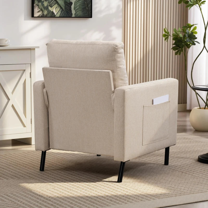 Accent Chair Modern Upholstered Armchair with Side Pockets and Cushion for Bedroom, Living Room, Beige