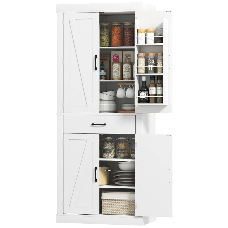 72" Kitchen Pantry Cabinet, Farmhouse Kitchen Storage Cabinet with 4 Barn Doors, 6 Door Shelves, Drawer, White