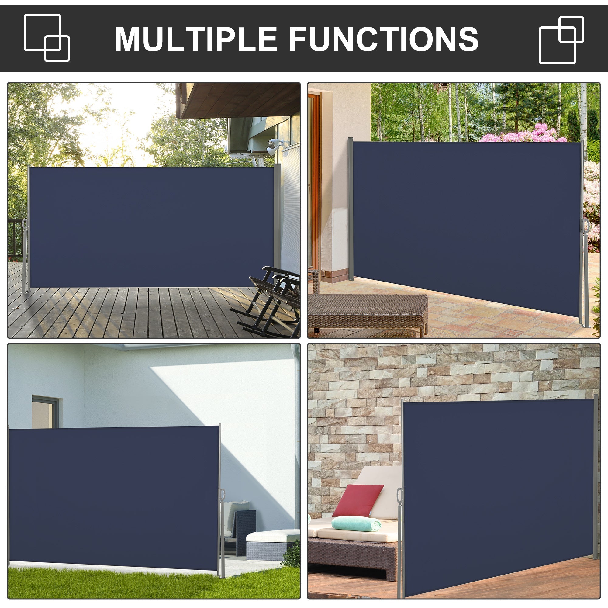 Outsunny 118"x63" Outdoor Retractable Privacy Screen Patio Side Awning Folding Divider UV Wind Resistant Dark Blue 