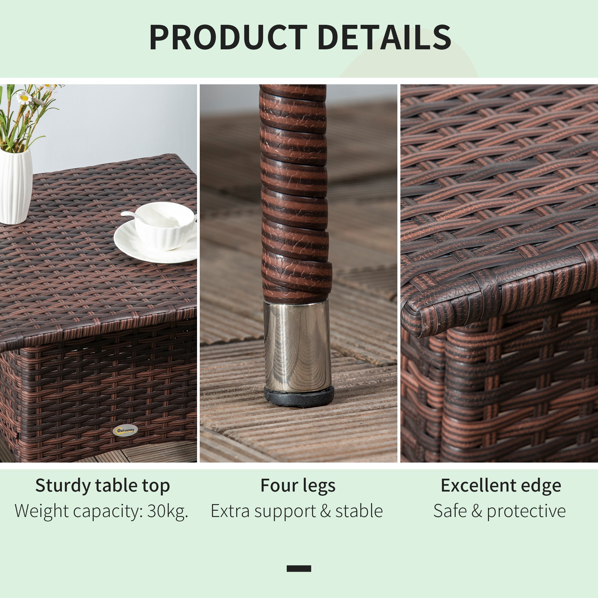 Outsunny Rattan End Table, Outdoor Coffee Table, with Plastic Board Under the Full Woven Table Top, Mixed Brown 
