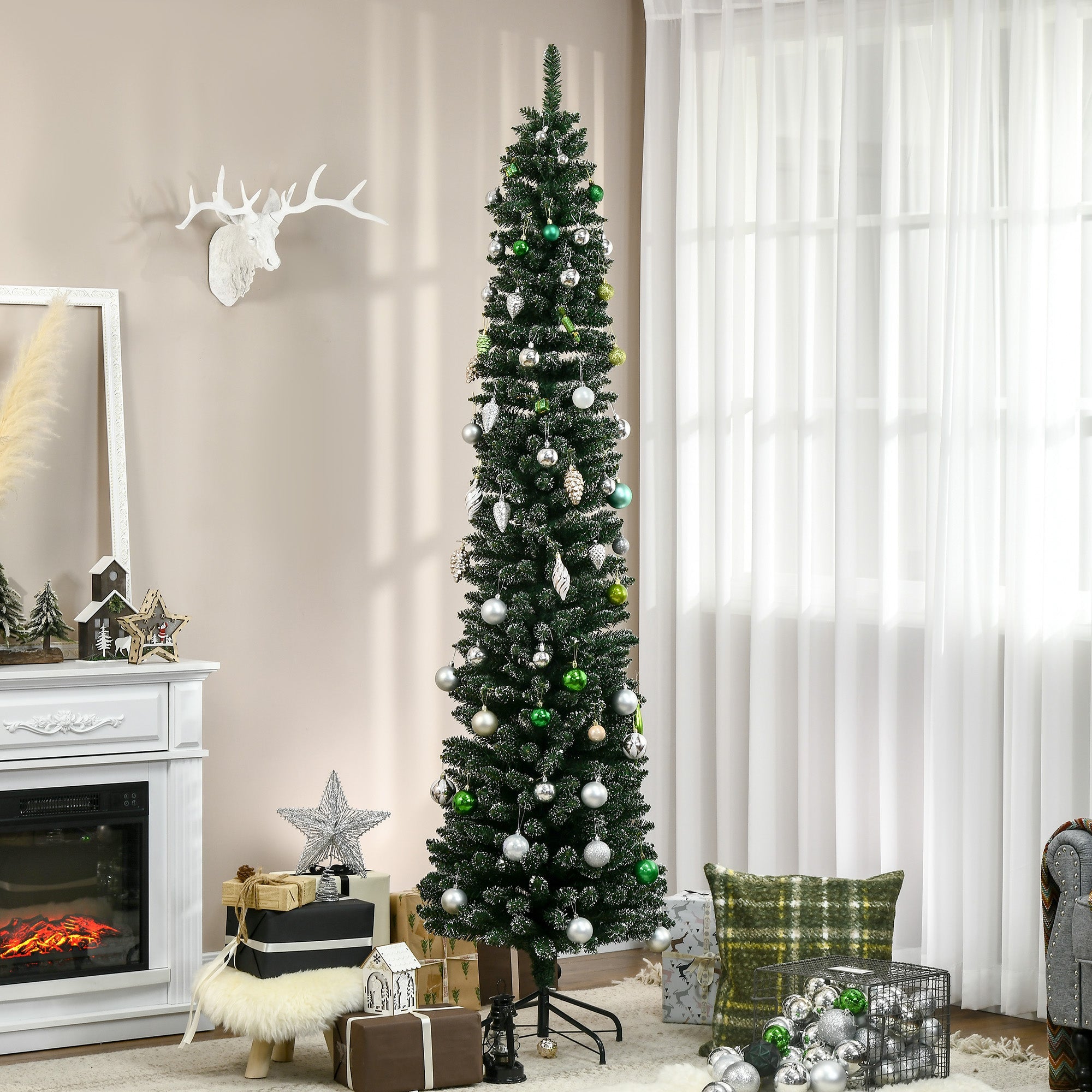 HOMCOM 7.5FT Artificial Snow Dipped Christmas Tree Xmas Pencil Tree Holiday Home Indoor Decoration with Foldable Black Stand, Green 