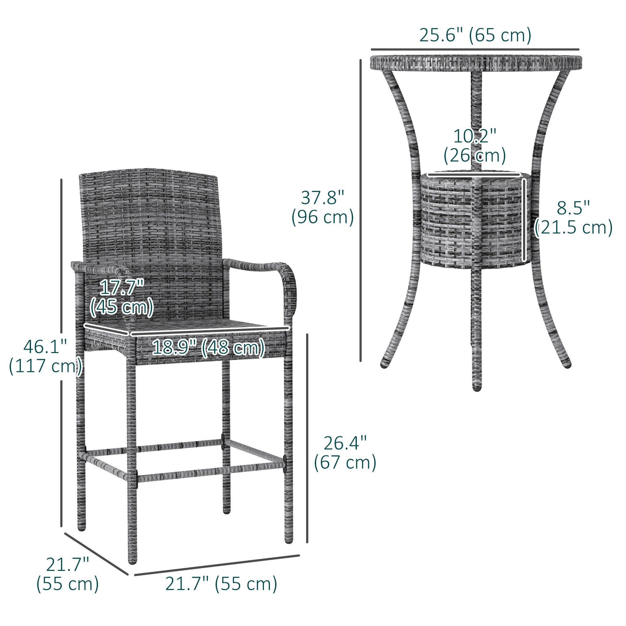 Outsunny 3 Pieces Patio Bar Set, Rattan Bistro Table and Chairs, Outdoor Conversation Furniture Set with Ice Bucket, Mixed Grey 