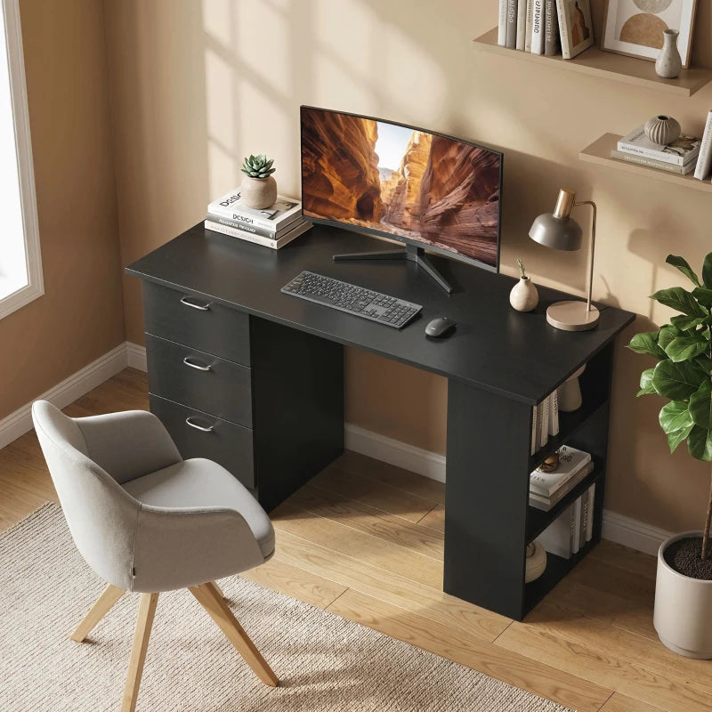 Computer Desk, 47" Writing Table with 3-Tier Shelves and 3 Reversible Drawers for Home Office, Bedroom, Black