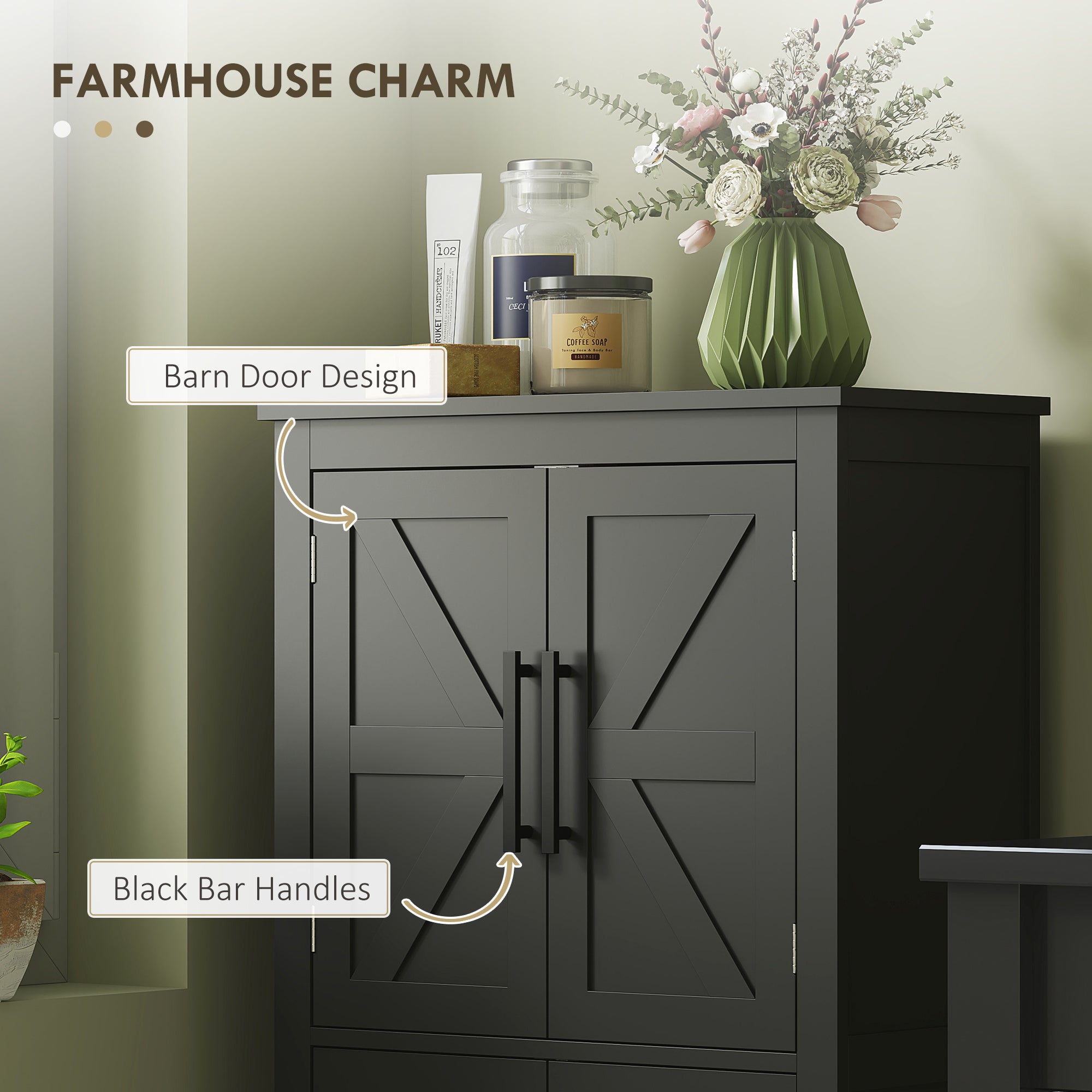 HOMCOM Farmhouse Bathroom Storage Cabinet, Bathroom Floor Cabinet with Barn Doors and Adjustable Shelf, Black 
