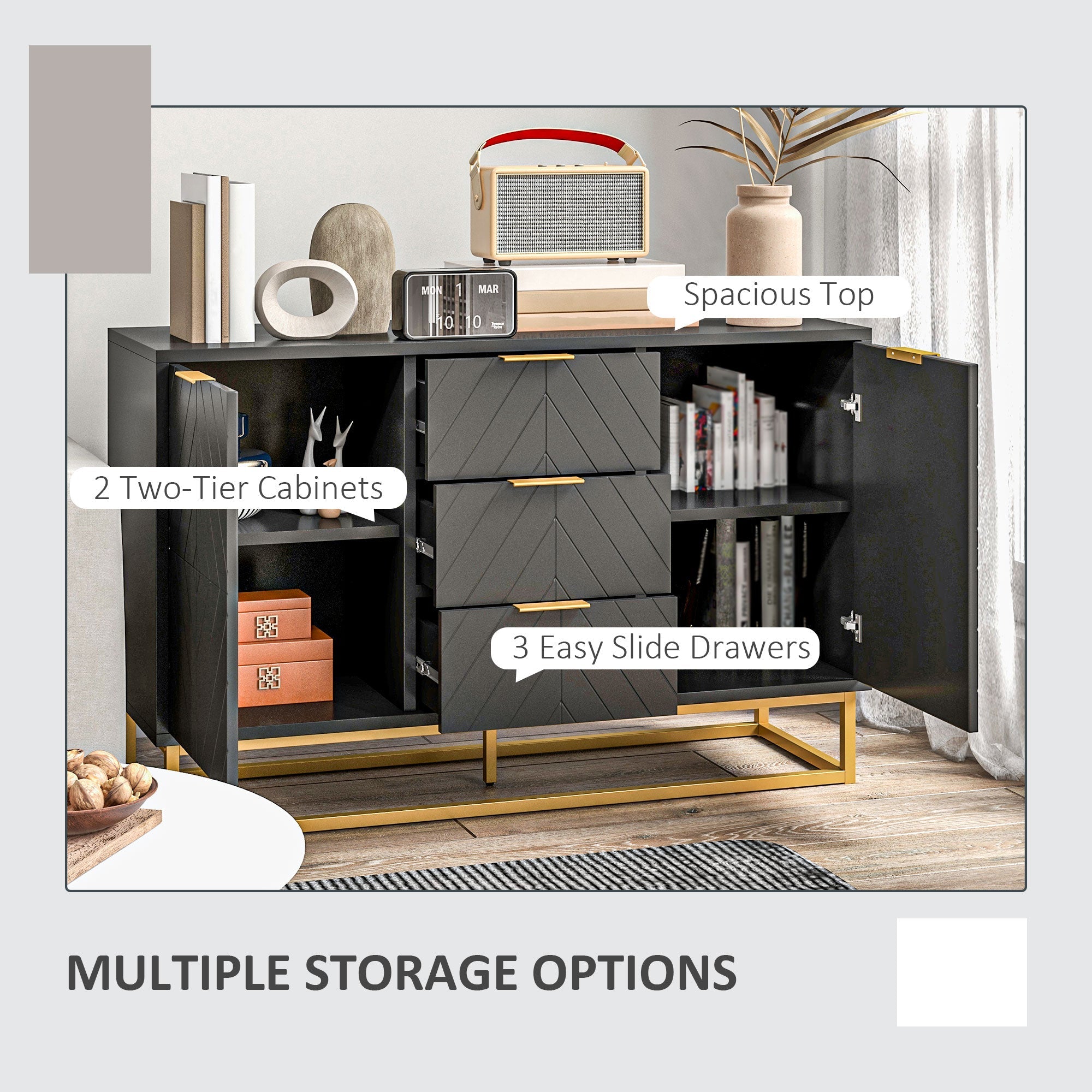 HOMCOM Storage Cabinet 3 Drawers Adjustable Shelves Doors Kitchen Buffet Cabinet Dining Room Black Ample Storage Space 