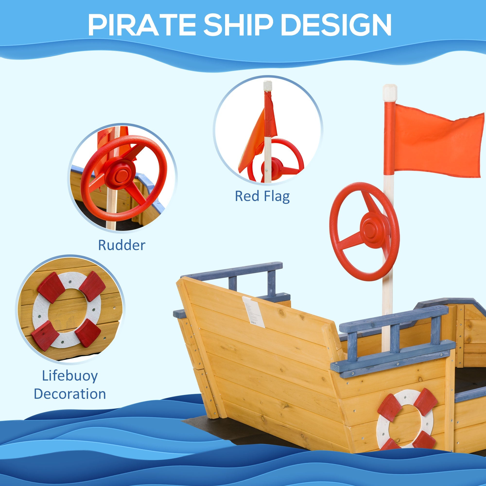 Outsunny Pirate Ship Sandbox Wooden Outdoor Playset for Kids Backyard Play Station Bench Seat Storage Flag 