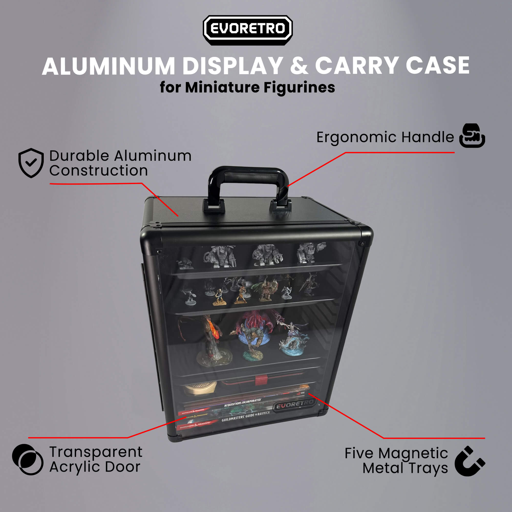 Aluminum Miniatures Display Case with 5 Magnetic Trays 