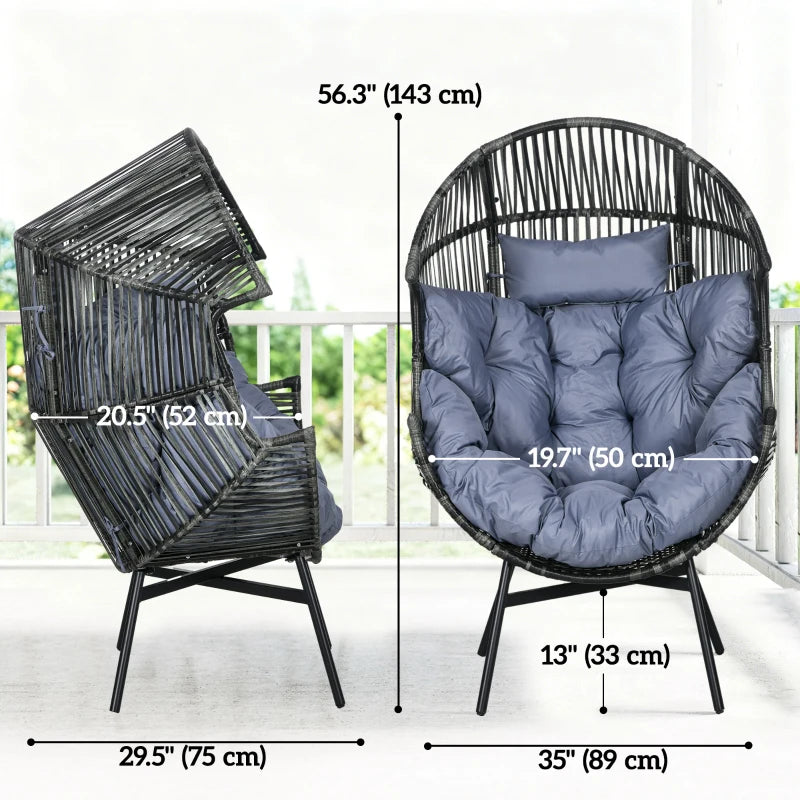 Wicker Egg Chair Outdoor Indoor Rattan Oversized Patio Lounge Chair with 5.5" Cushions and Headrest, Grey