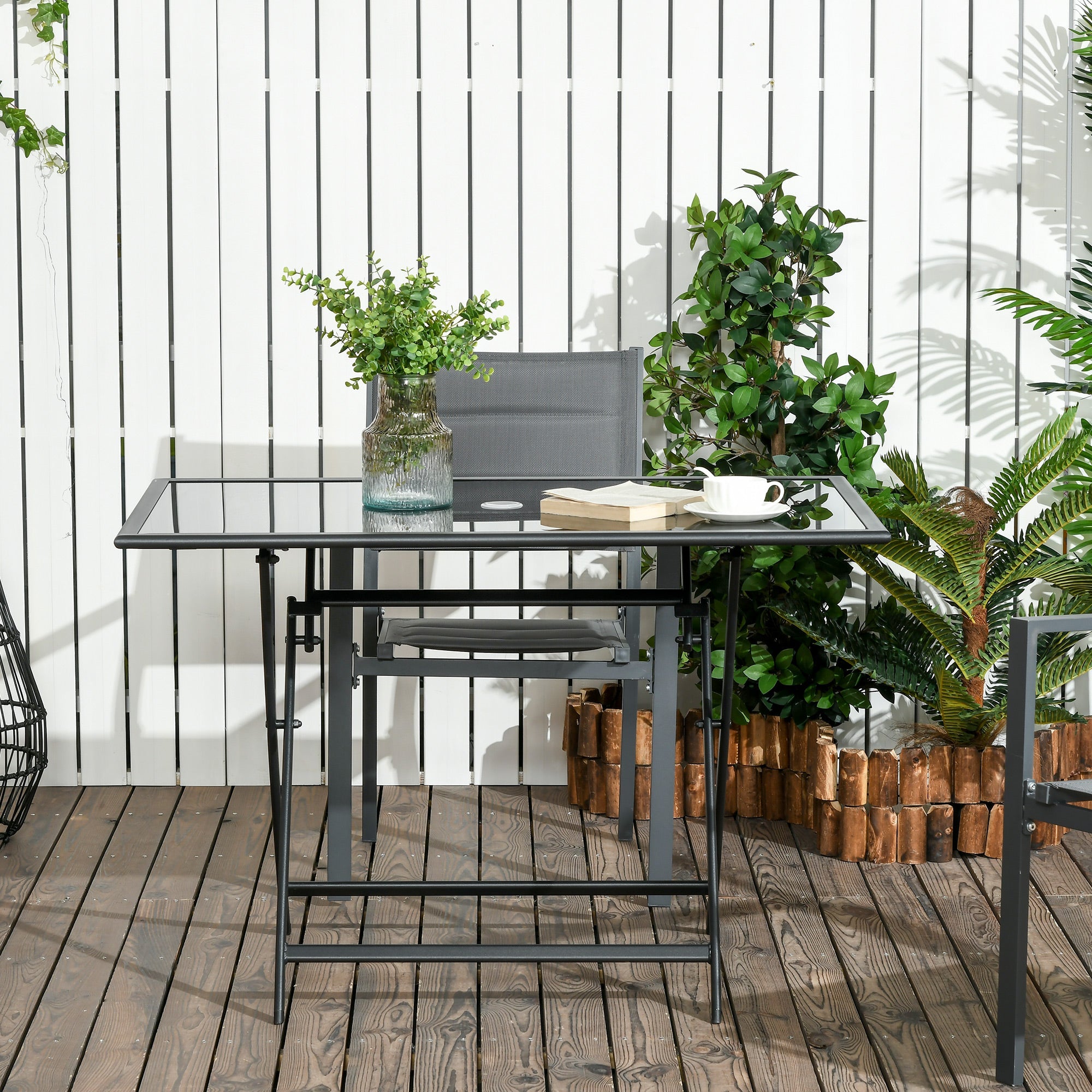 Outsunny Folding Patio Dining Table for 6 Rectangle Glass Outdoor Table Umbrella Hole Garden Lawn Backyard 