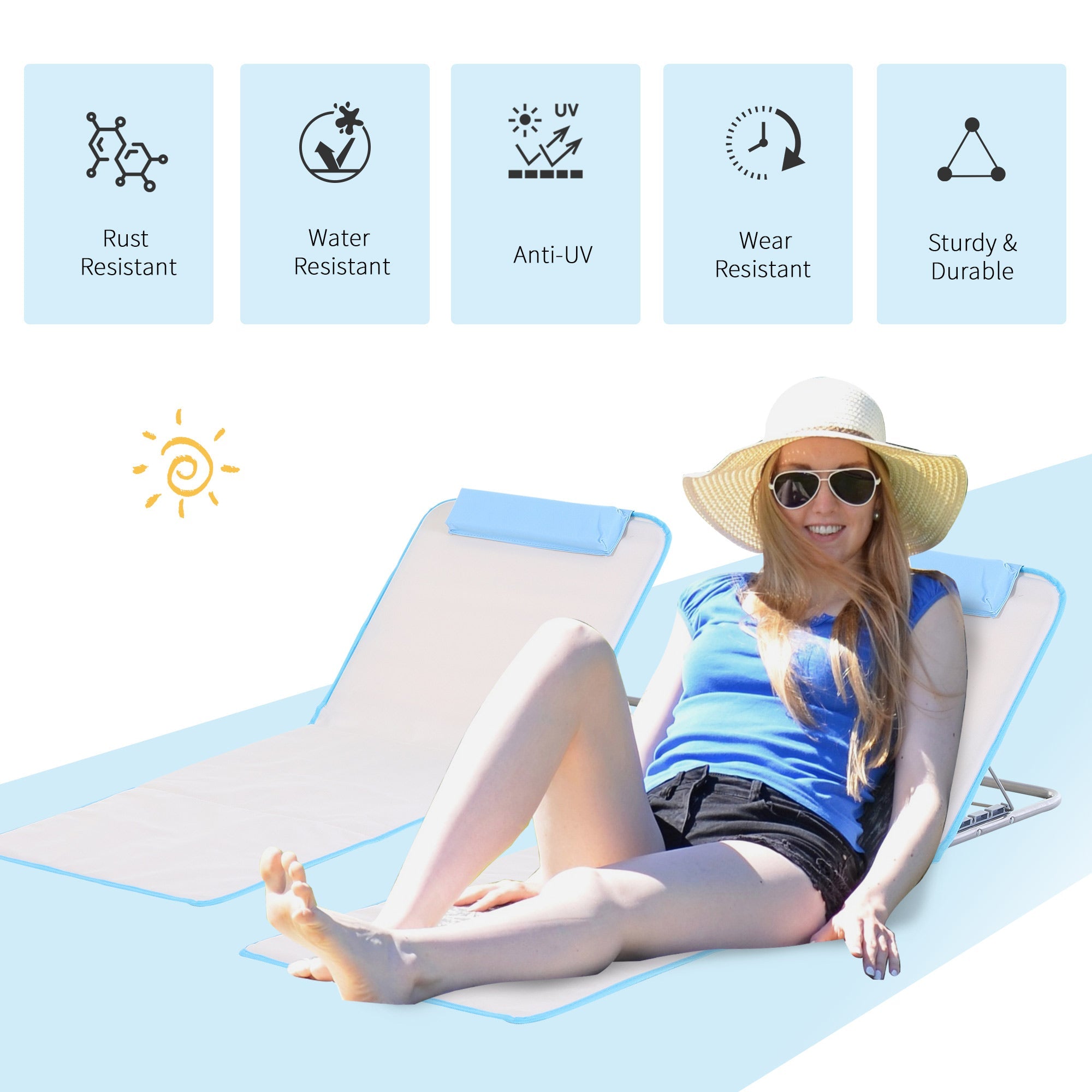 Outsunny 2 Pieces Beach Lounge Chair, Outdoor Folding Chaise Lounge Set w/ Pillow for Sunbath, Snap, Beige 
