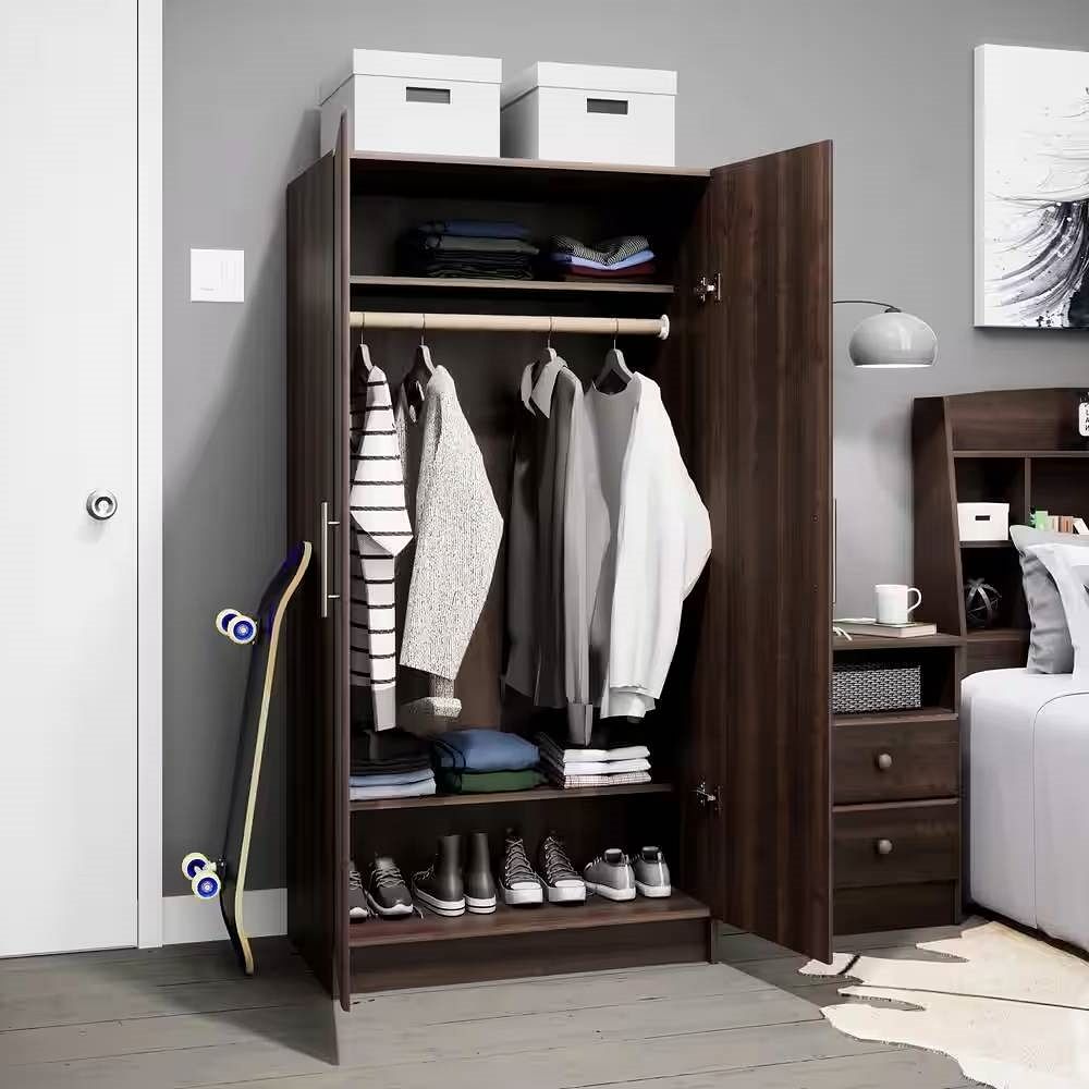 Bedroom Armoire Wardrobe Cabinet Closet with Hanging Rail in Brown Wood Finish - Free Shipping 