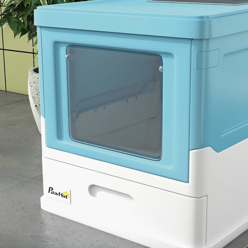 Top Entry Enclosed Kitty Litter Box with Scoop, Tray, Front Entry, Large Space, Foldable, Portable, Blue