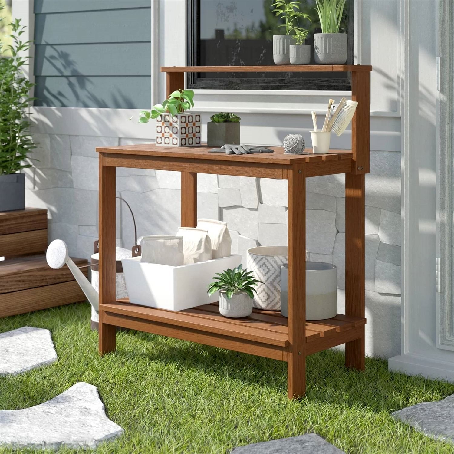 Solid Meranti Wood Outdoor Garden Potting Bench Table with Bottom Shelf - Free Shipping