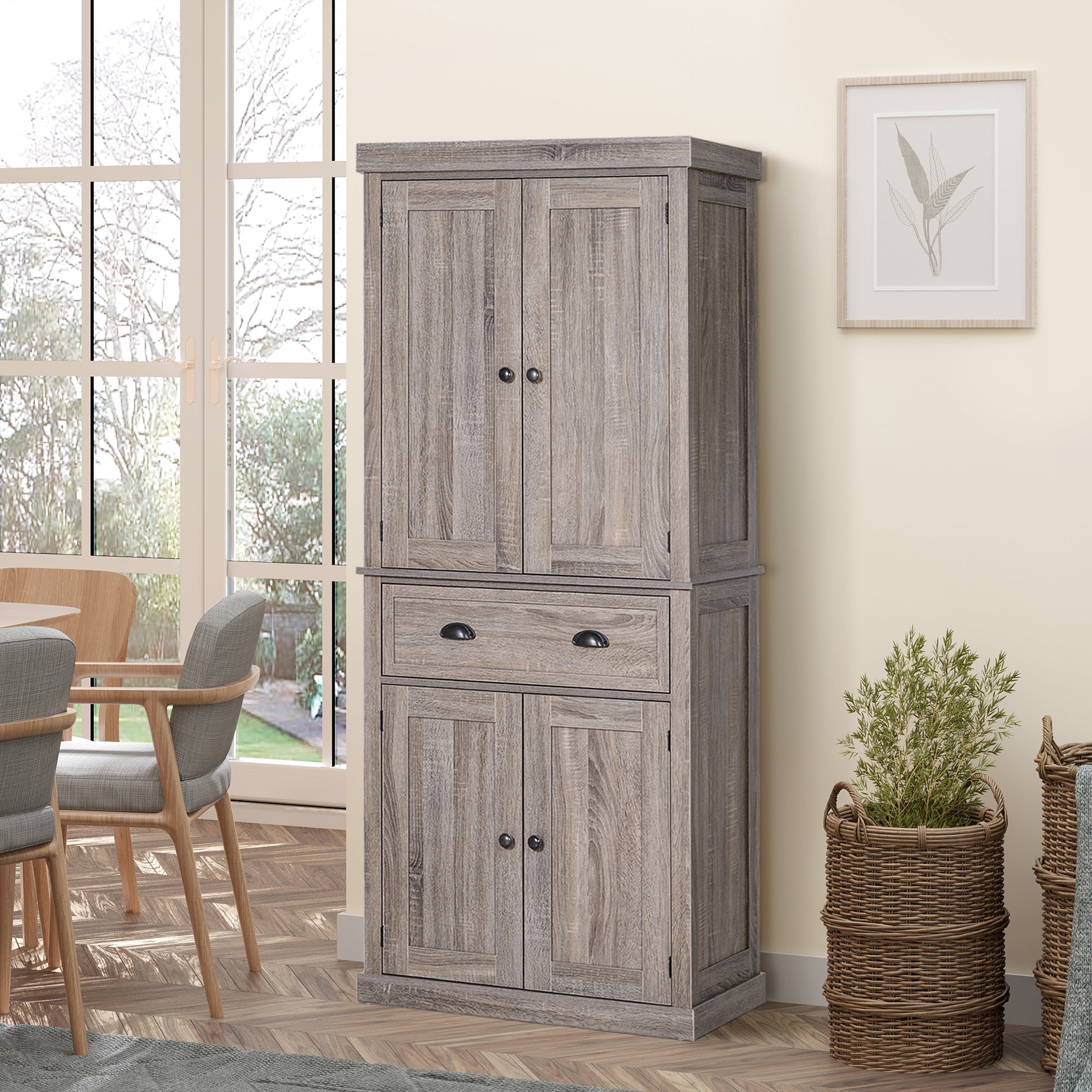 HOMCOM Wood Grain Tall Kitchen Cabinet: Freestanding Pantry Cupboard with Drawer and Shelves for Dining Room 