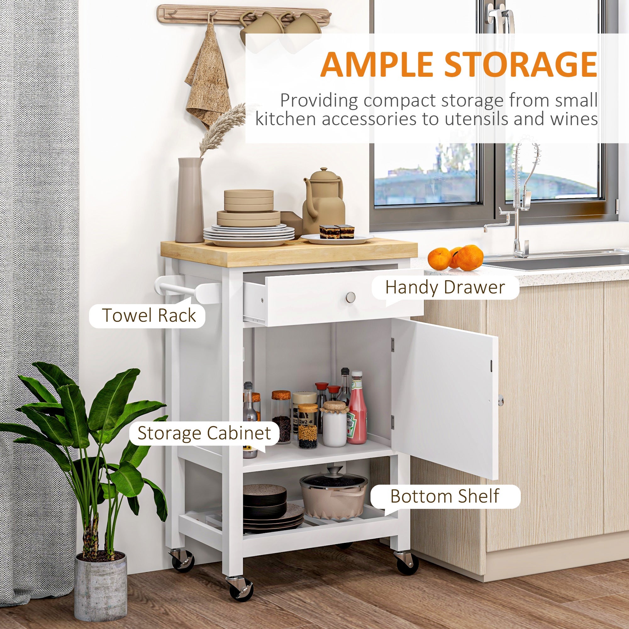 HOMCOM Rolling Kitchen Cart Island on Wheels with Wood Top Storage Drawer Shelf Towel Rack Dining Area 