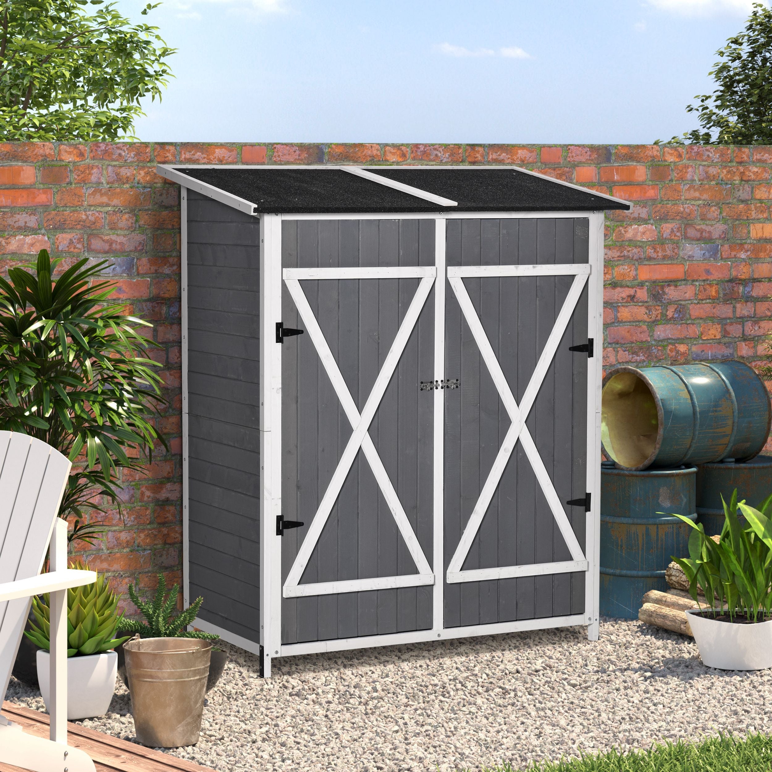 Outsunny 54.75''x29.5''x63'' Garden Storage Shed Asphalt Roof Wooden Timber Double Door Utility Storage House w/ Movable Shelf 