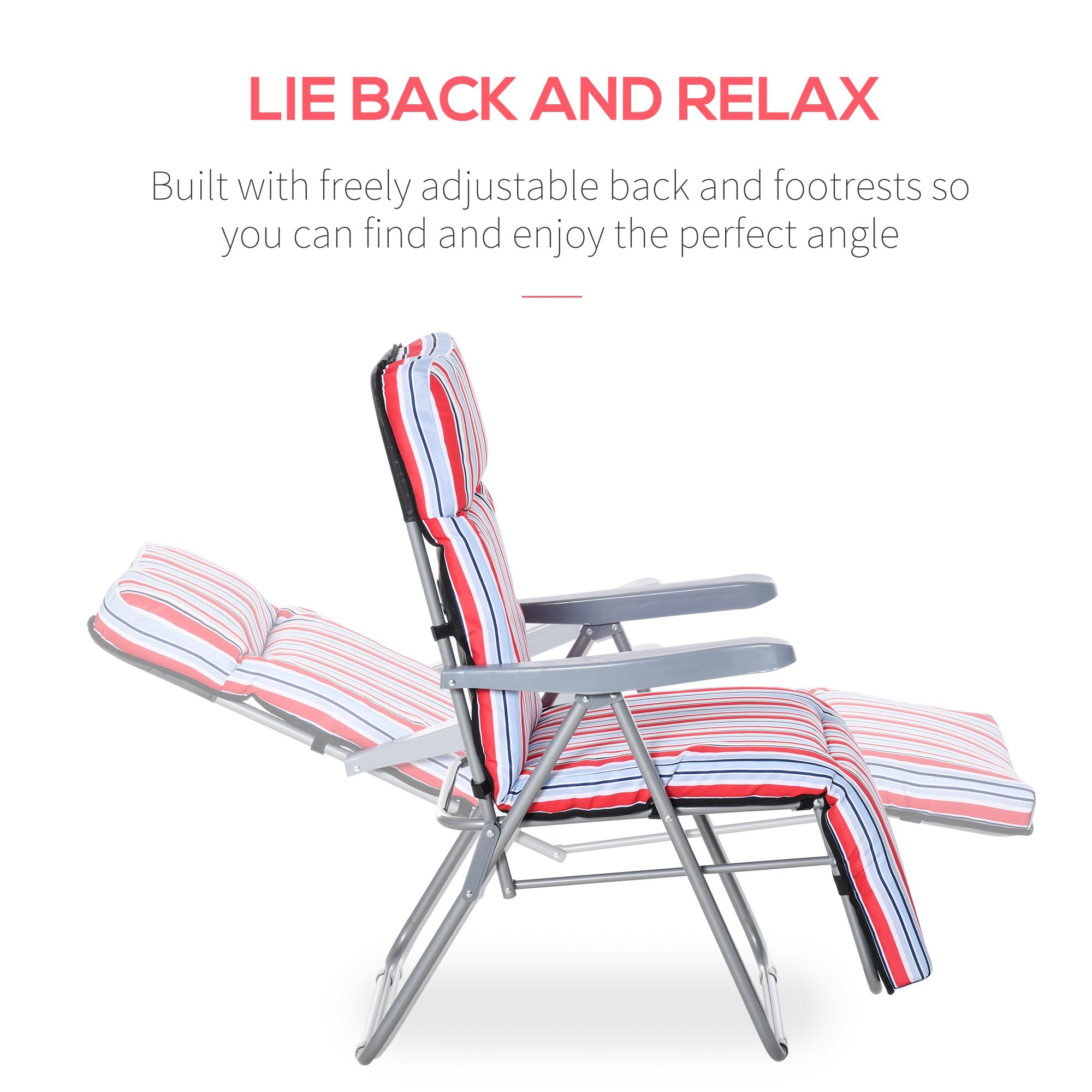 Outsunny Set of 2 Garden Sun Lounger, Outdoor Reclining Seat Cushioned Seat, Foldable Adjustable Recliner, Grey and Red 