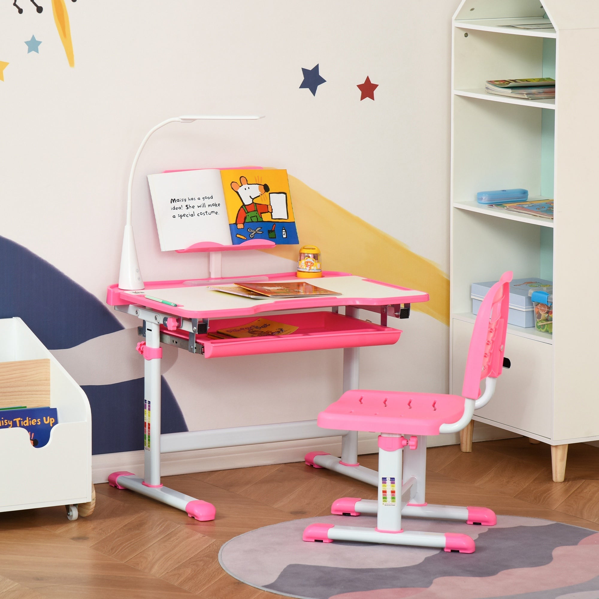 Qaba Adjustable Kids Desk Chair Set with Tilt Desktop LED Lamp Pink for Student Study Comfort 