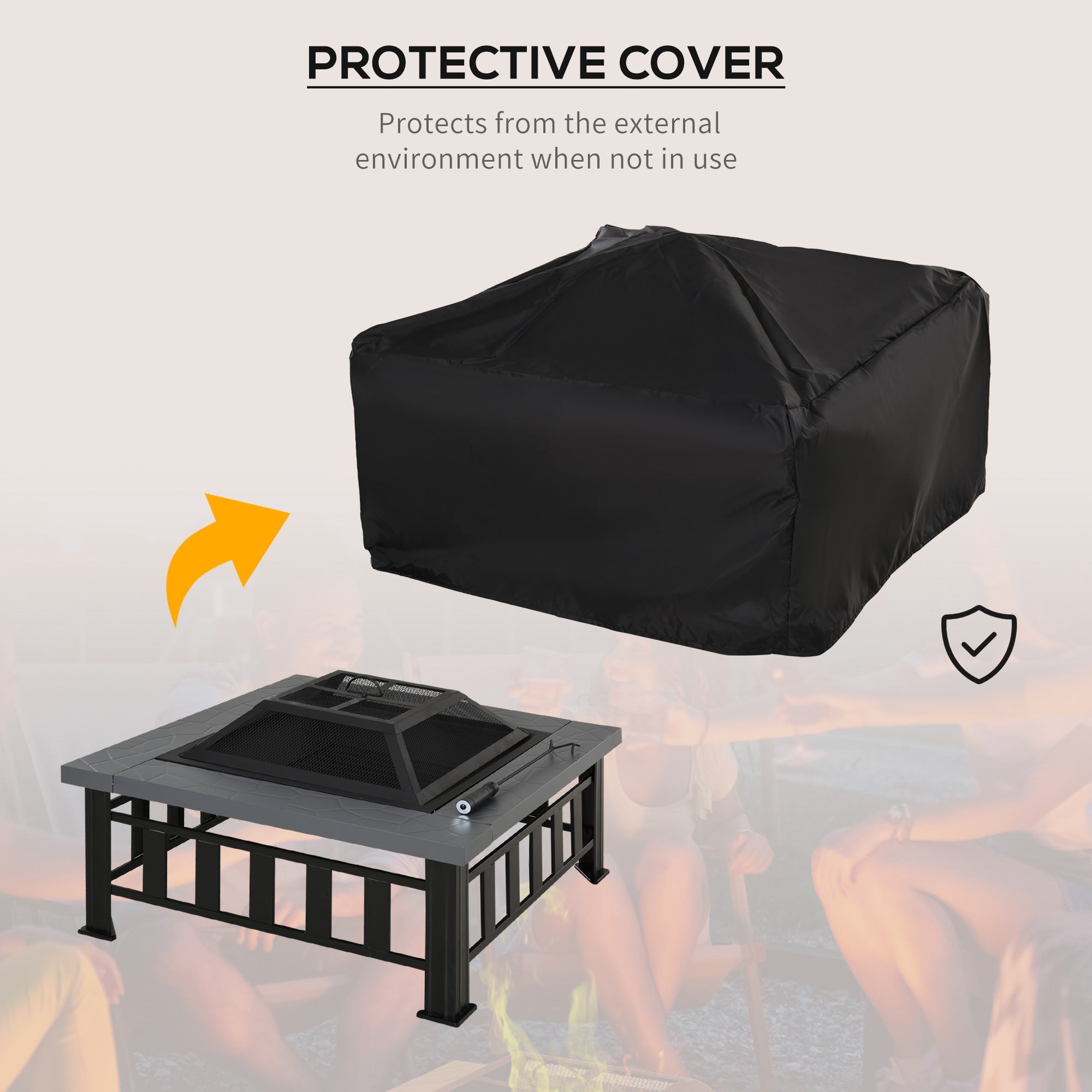 Outsunny Outdoor Square Fire Pit 33.75" Steel Stove with Spark Screen, Log Grate, Poker, Rain Cover for Wood Burning in Backyard 