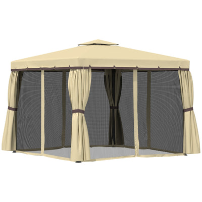 Outsunny 10' x 10' 2-Tier Outdoor Gazebo Canopy Tent with Zippered Mesh Sidewalls, Aluminum Frame for Patio, Backyard, Beige 