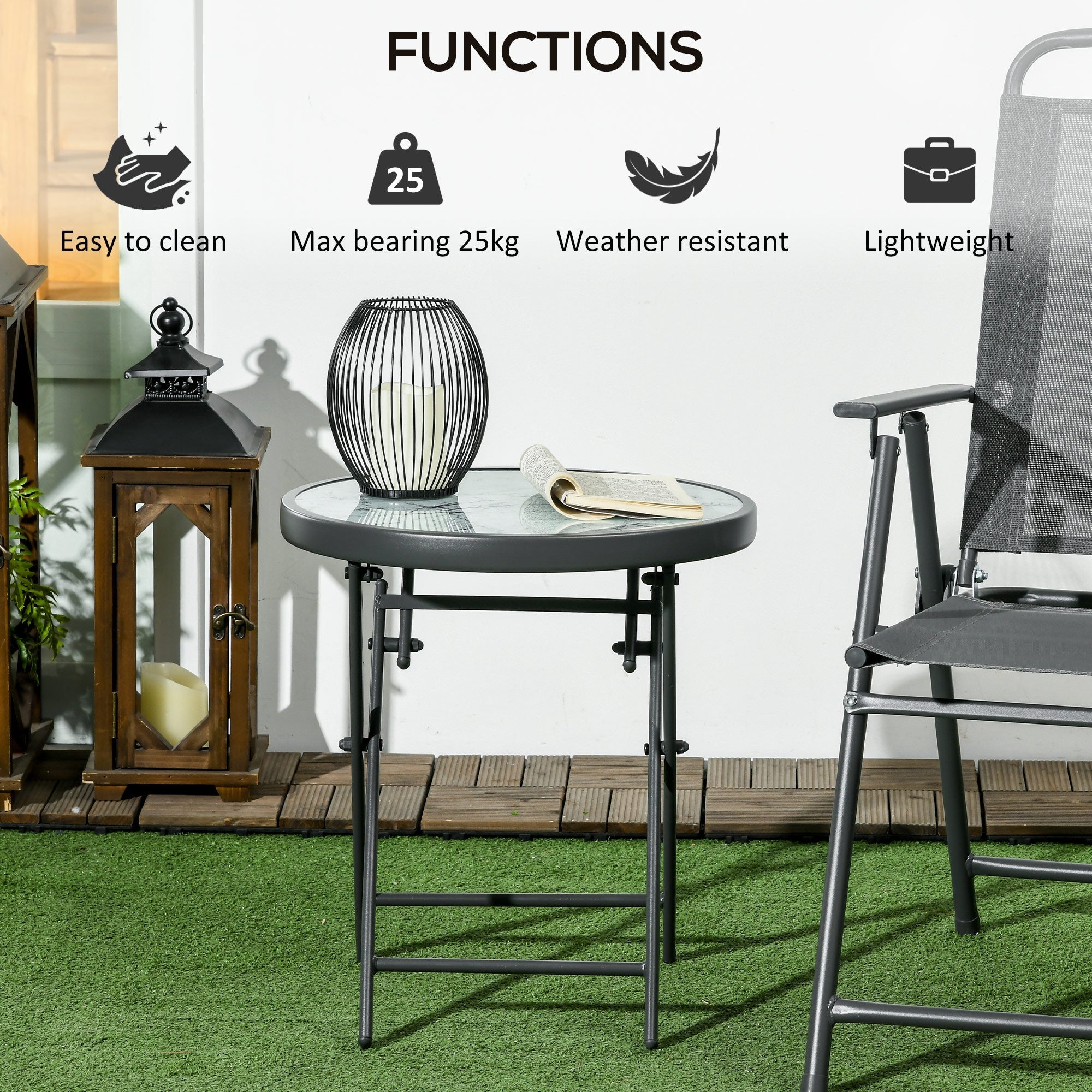Outsunny 18" Outdoor Round Folding Table, Garden Side Table with Tempered Glass Top for Camping, Party, Weddings, White 