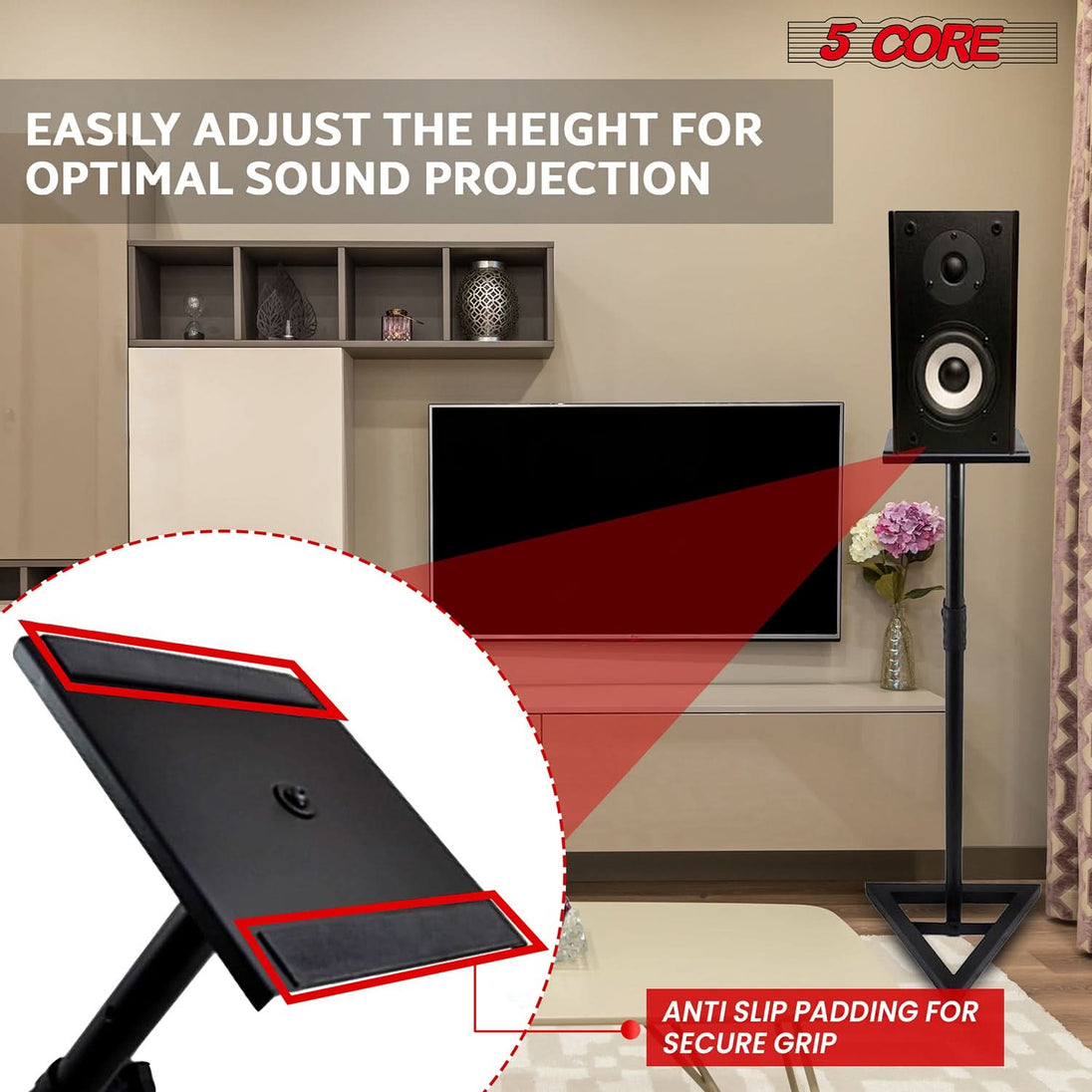 5 Core Speaker Stand Triangle Base Tall Adjustable 35mm DJ Studio Monitor Stands Pole Mount